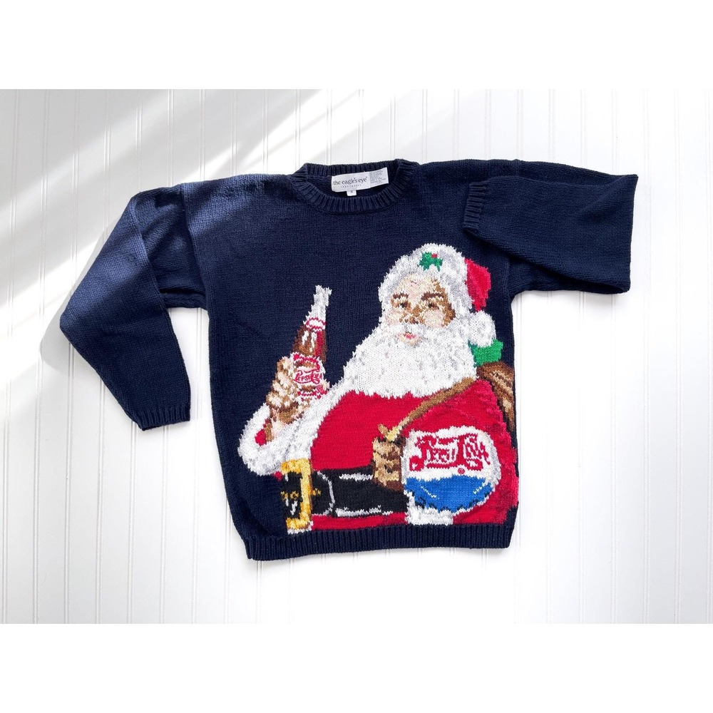 vtg Eagle's Eye Christmas Pepsi Santa hand knit sweater‎ size S